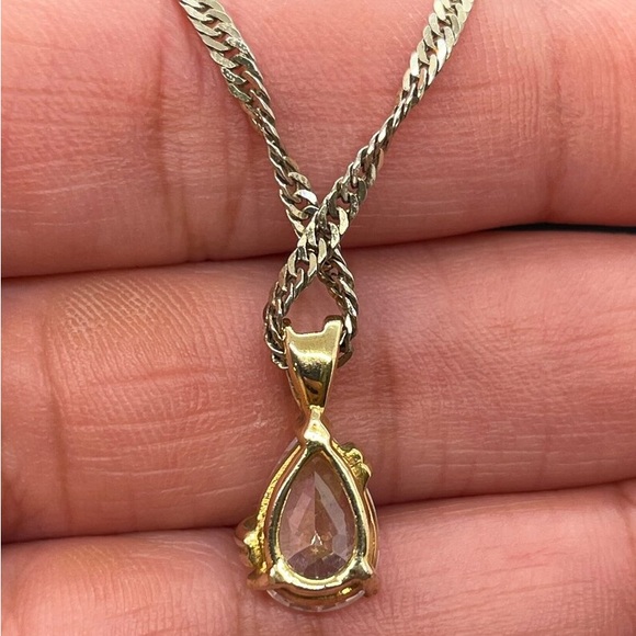 A 10K Vermeil Banded Teardrop Cut CZ Pendant On a Gold Washed Silver Necklace - Picture 2 of 8